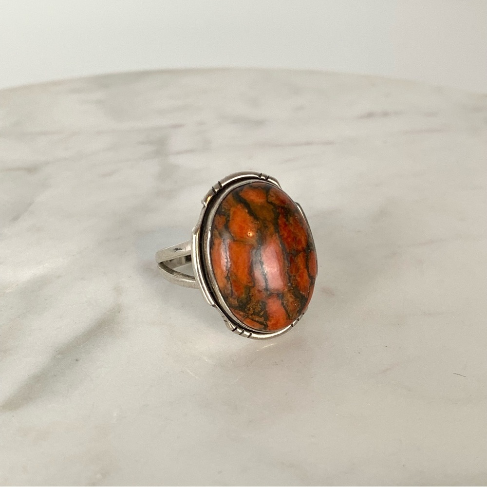 Sterling Silver Ring Oval Red Jasper Split Shank Sz 10.5 Stamped 925 Fiery Vtg - Picture 5 of 13